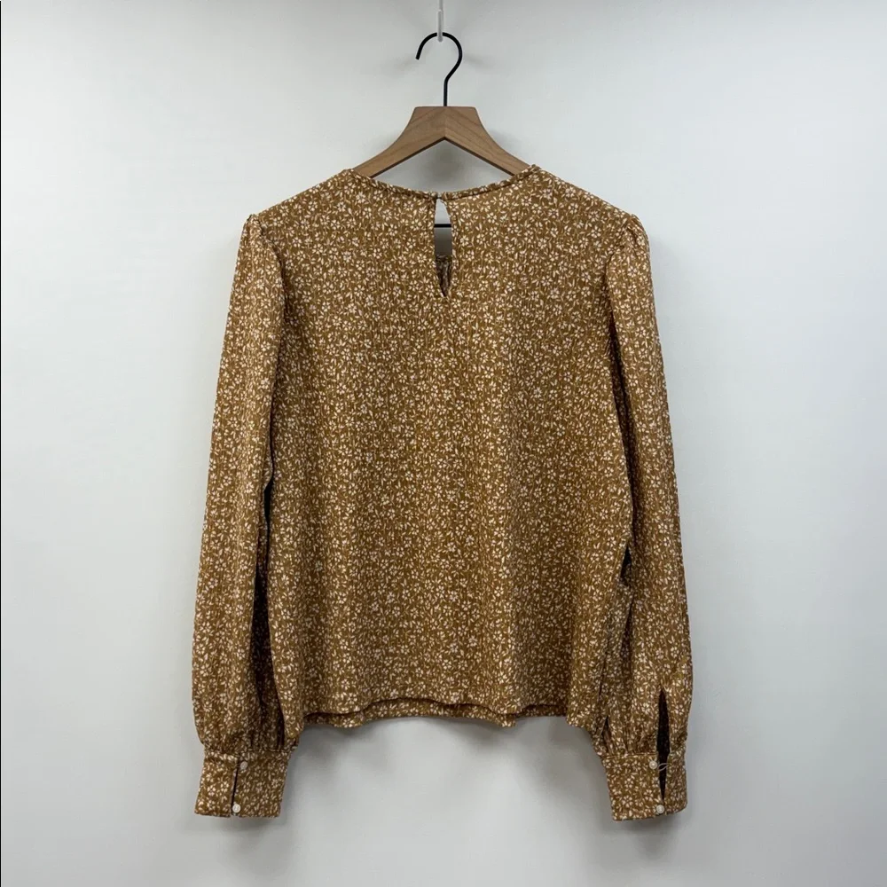 Ann Taylor LOFT Floral Woven Gauze Puff Sleeve Peasant Popover Blouse Tan Large